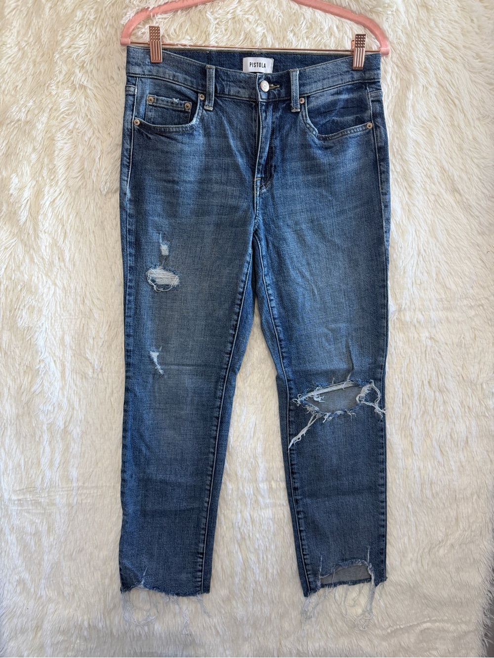 Pistola Womens Distressed Raw Hem Hi Rise Monroe Crop Slim Straight Leg Jeans 27